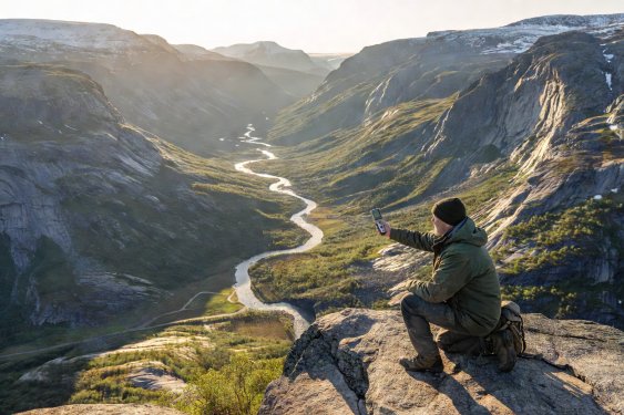 Nature photographer on a rocky ledge in Sunnmøre observing low-angle sunlight illuminating a U-shaped glacial valley
